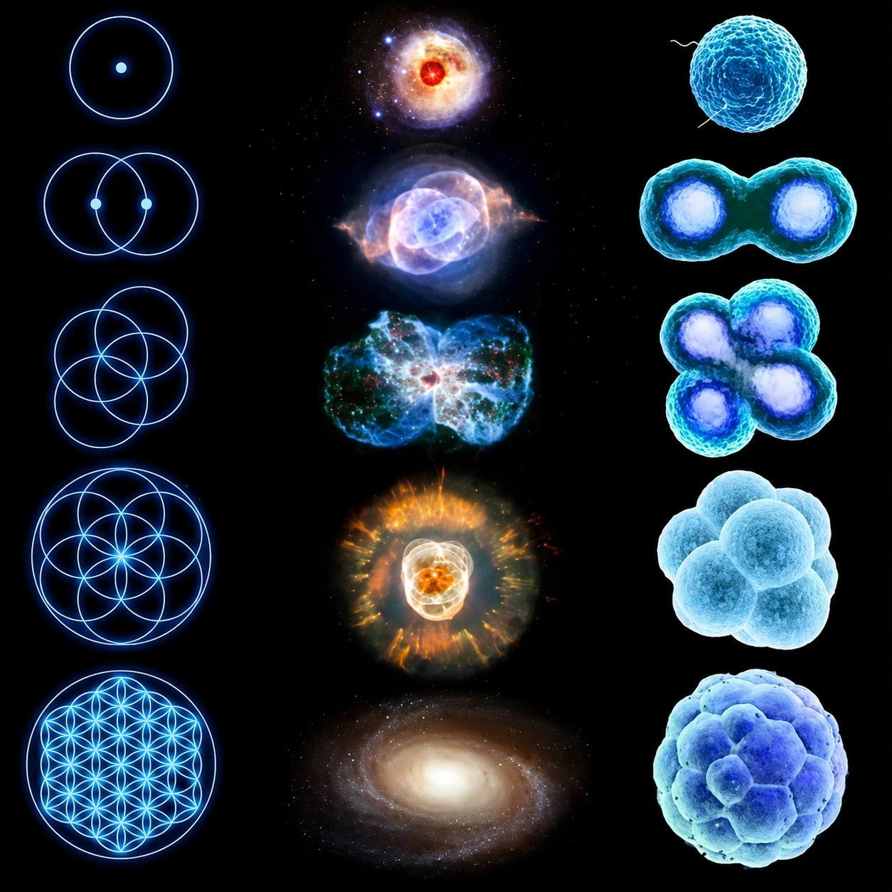 The Flower of Life unfolding across three scales: sacred geometry, the cosmos, and embryonic life